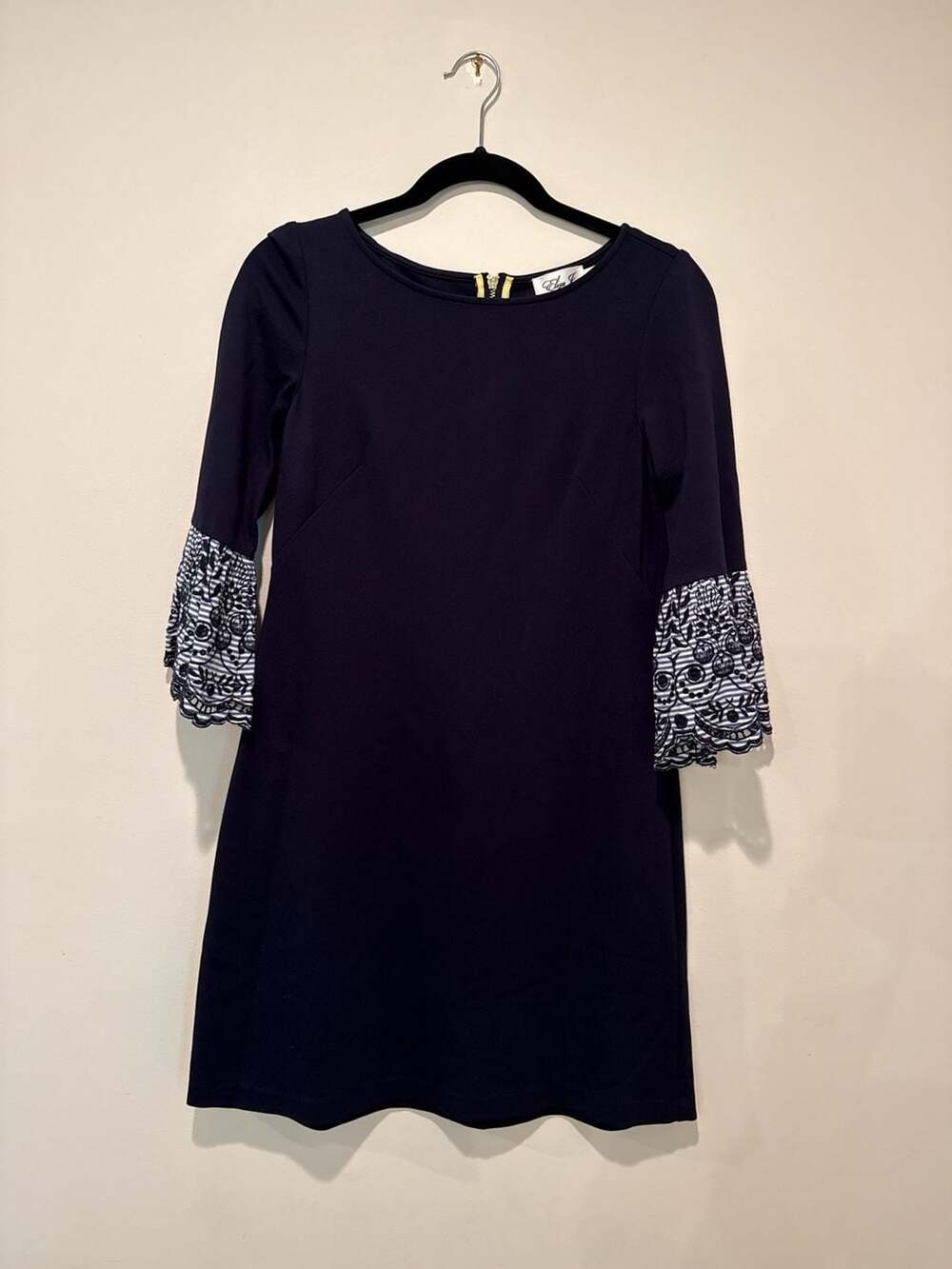 Eliza J Navy Blue Shift Dress with Striped Embroidered Bell Sleeves Size 4